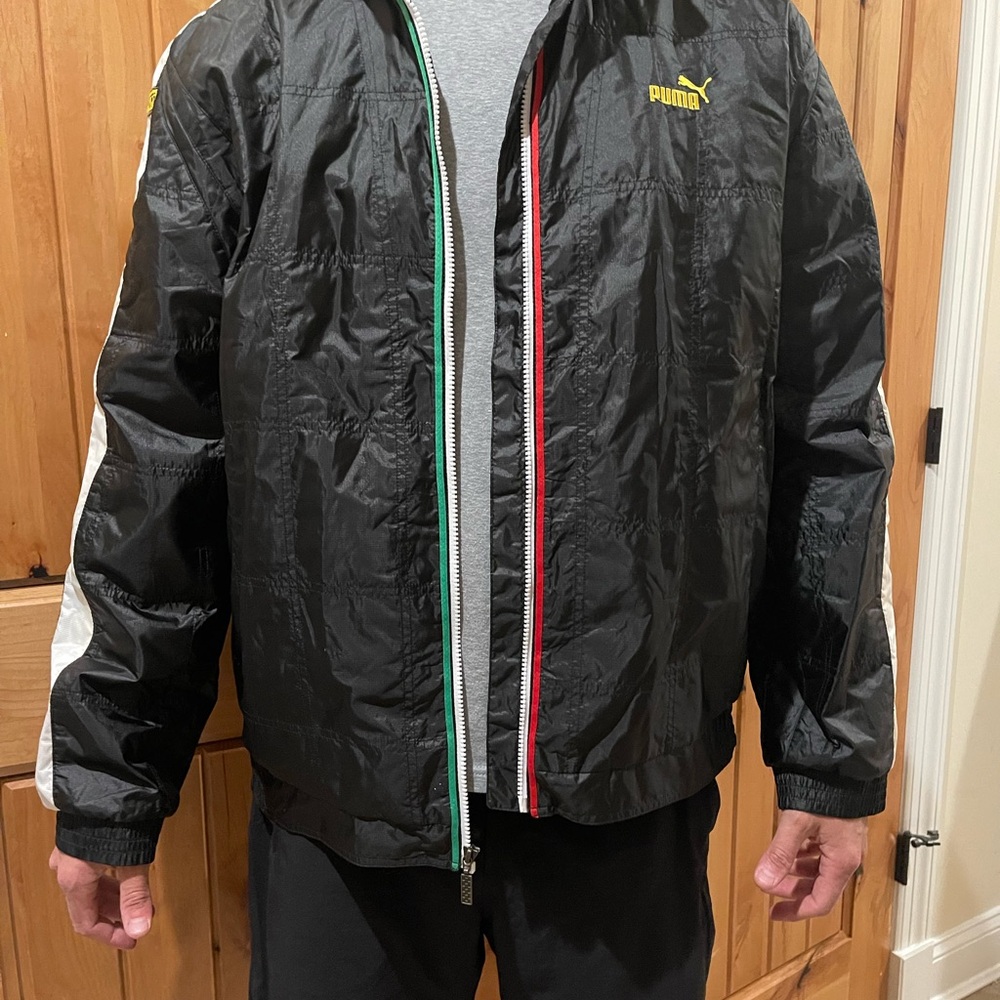 Puma Men's Black Windbreaker with Red and Green Accents